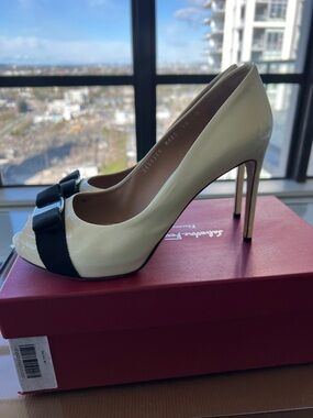 Salvatore Ferragamo White Patent Peep-Toe Pumps with Black Bow (Box & Dustbag)